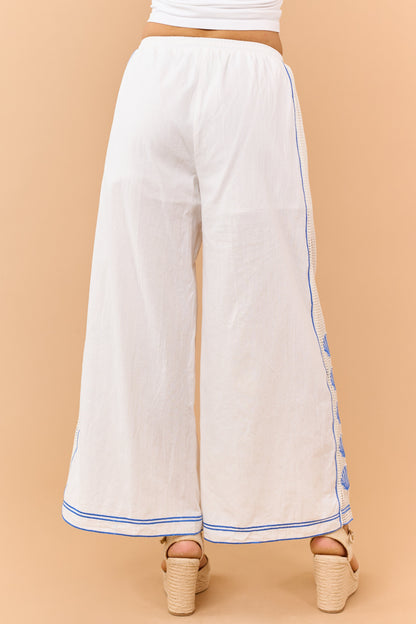Ivory Open Knit Side Embroidered Shell Cotton Pants