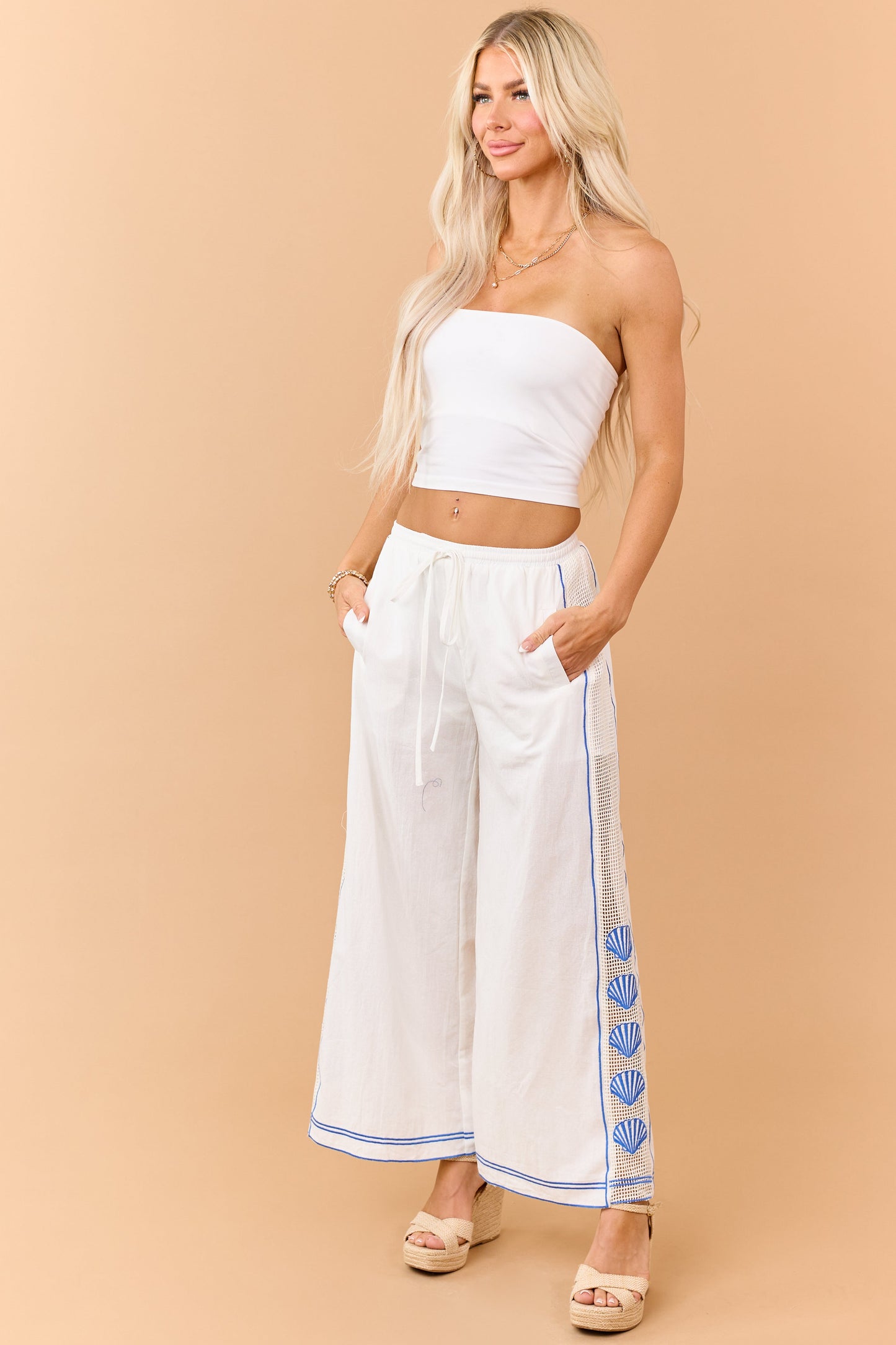 Ivory Open Knit Side Embroidered Shell Cotton Pants