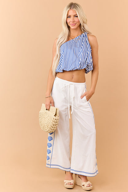 Ivory Open Knit Side Embroidered Shell Cotton Pants