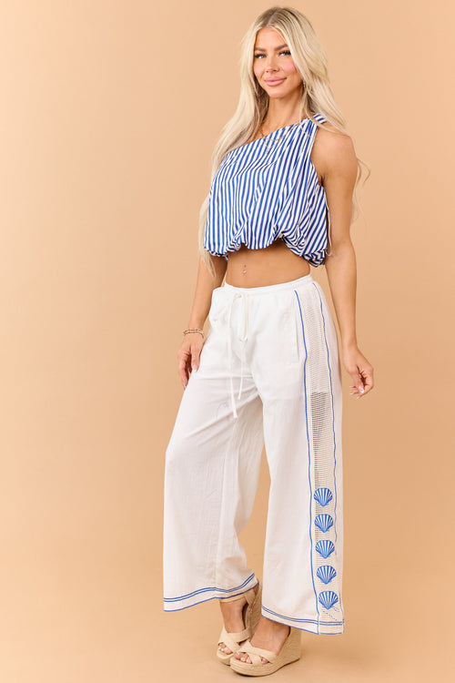 Ivory Open Knit Side Embroidered Shell Cotton Pants