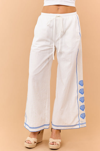 Ivory Open Knit Side Embroidered Shell Cotton Pants