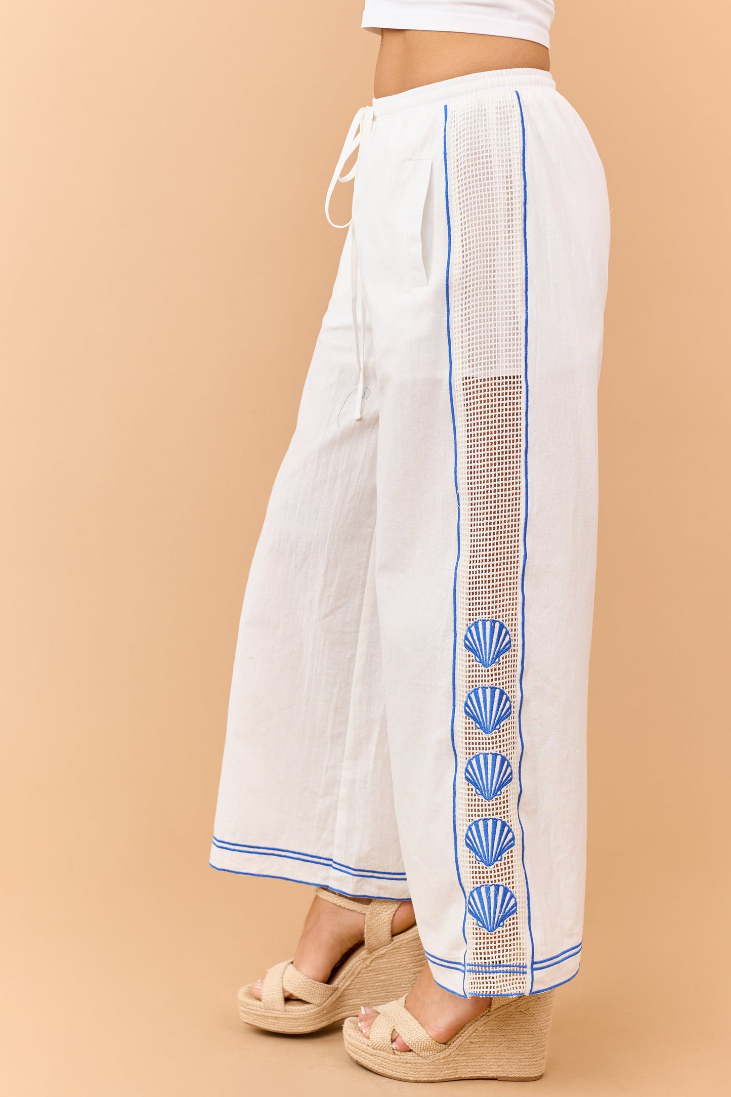 Ivory Open Knit Side Embroidered Shell Cotton Pants