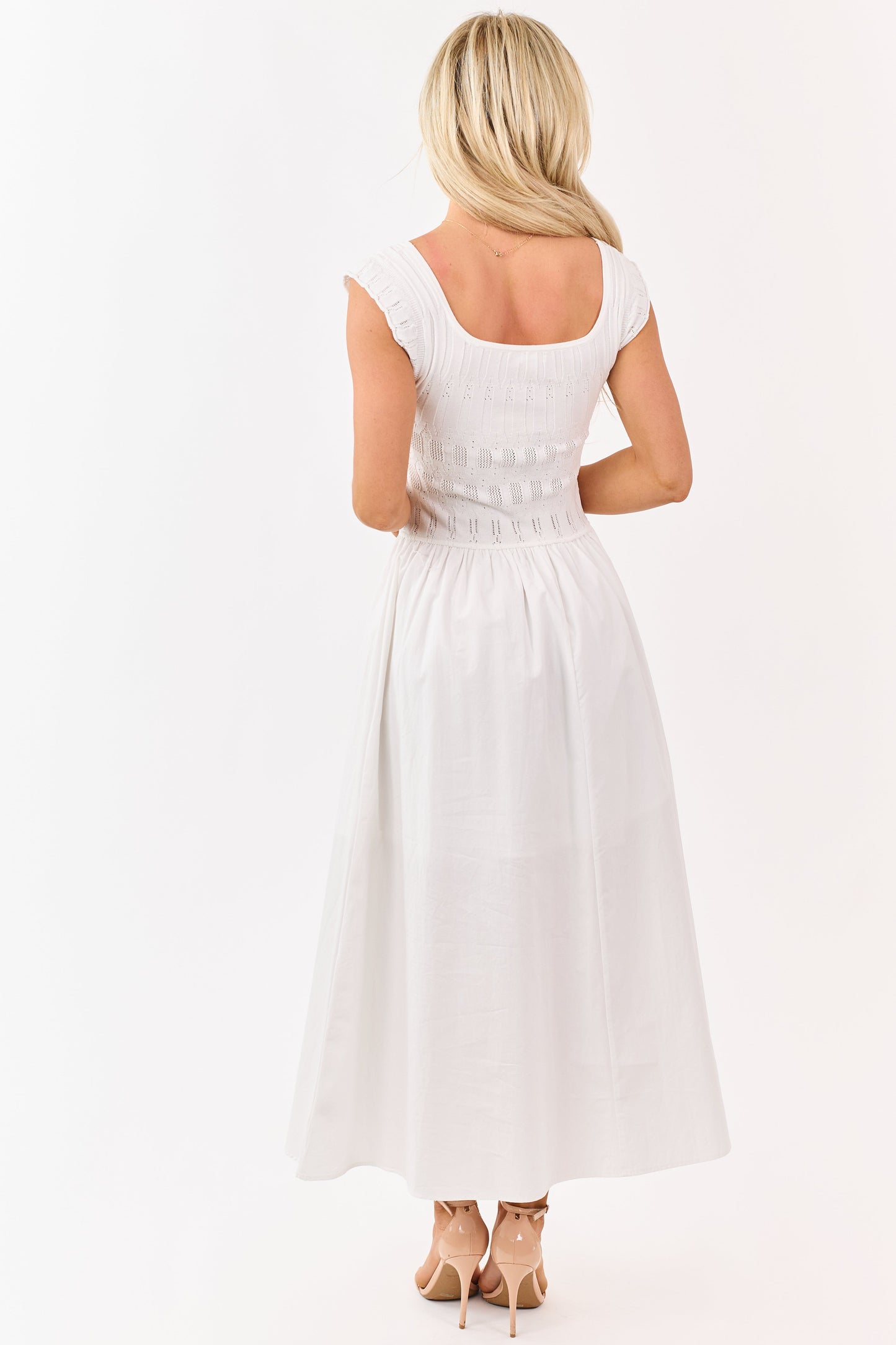 Ivory Pointelle Knit Cotton Skirt Midi Dress