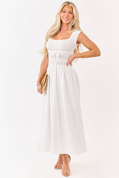 Ivory Pointelle Knit Cotton Skirt Midi Dress