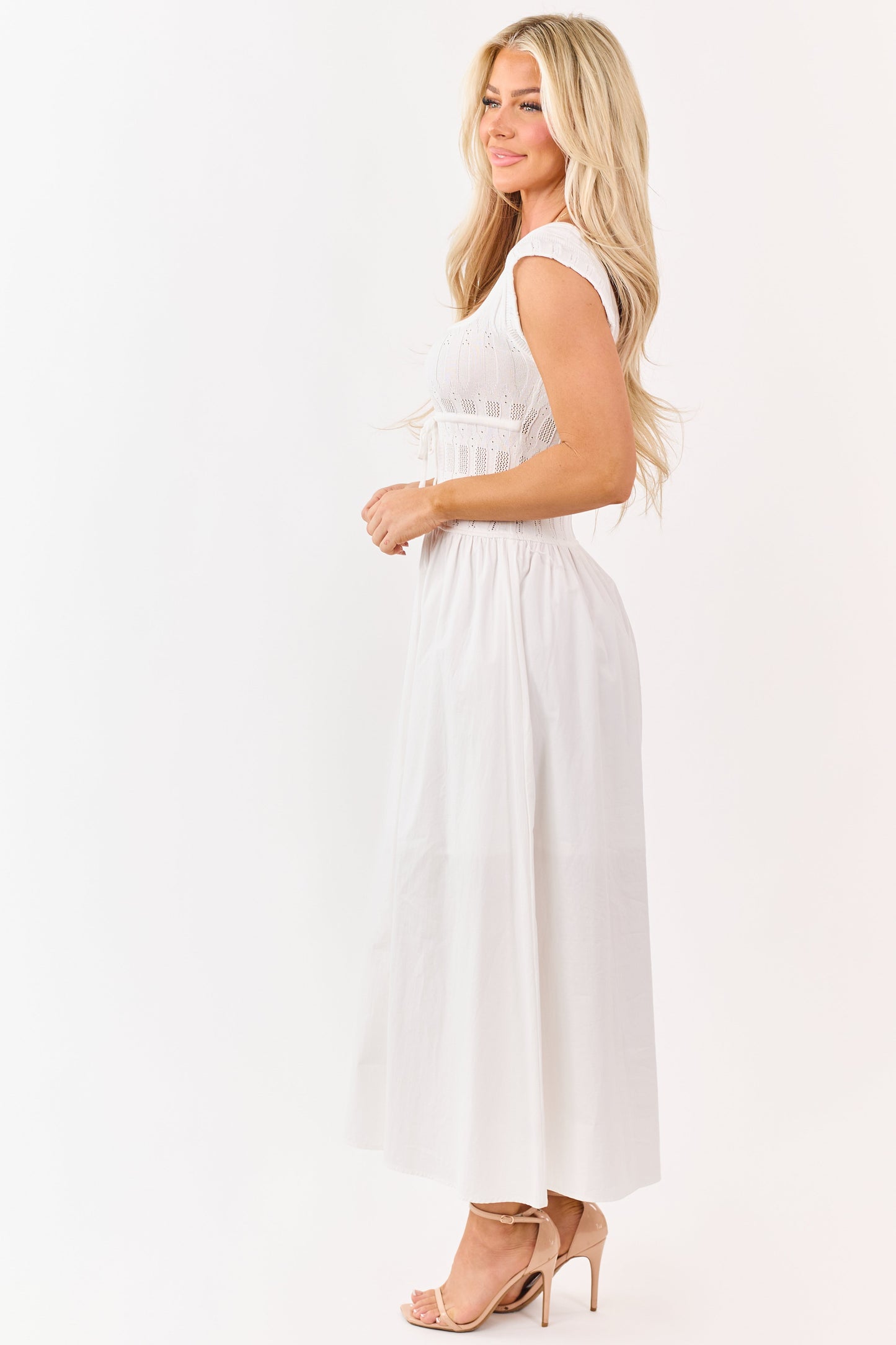 Ivory Pointelle Knit Cotton Skirt Midi Dress