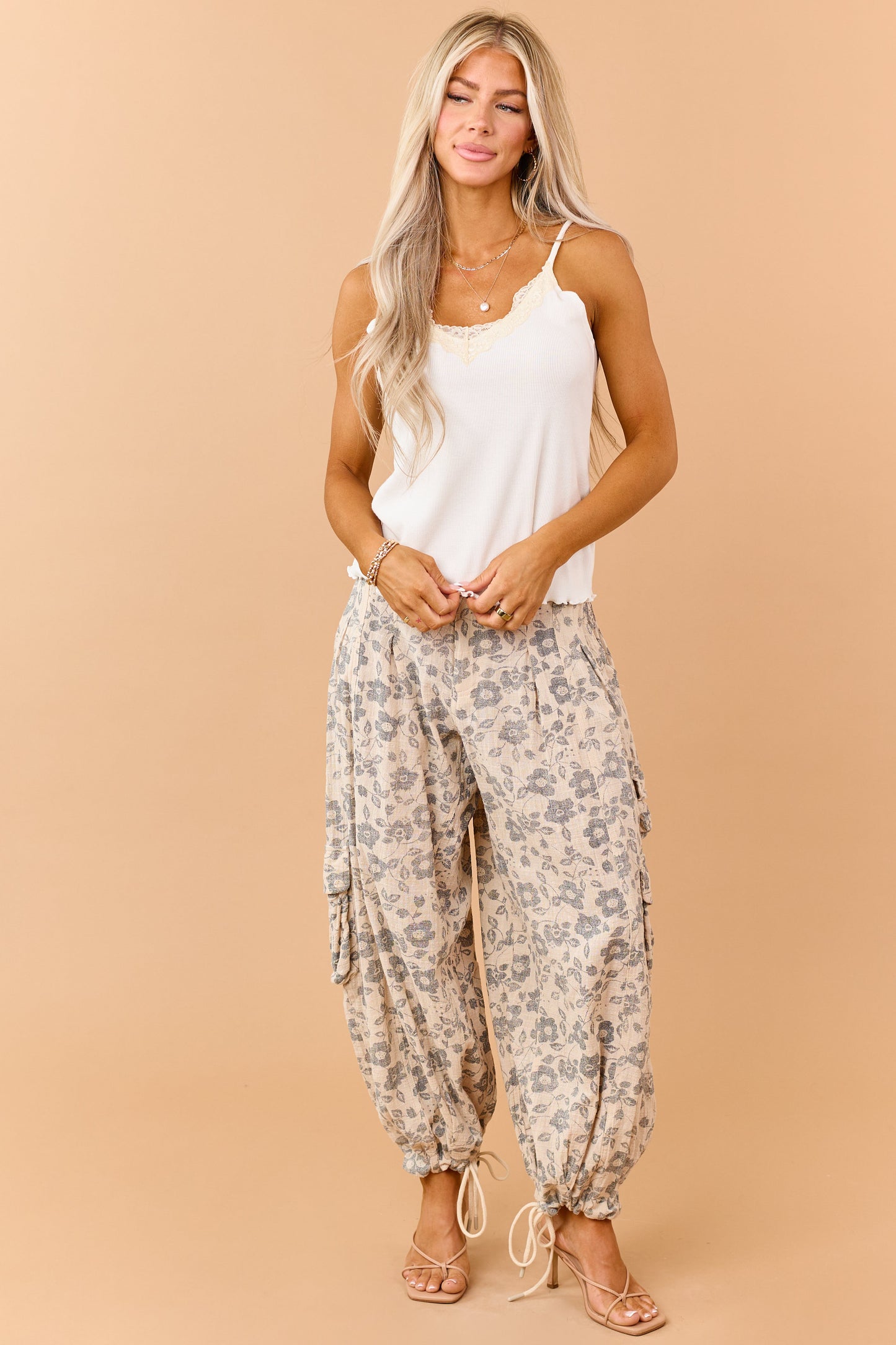 Ivory Rib Knit Lace Neckline Lettuce Hem Tank Top