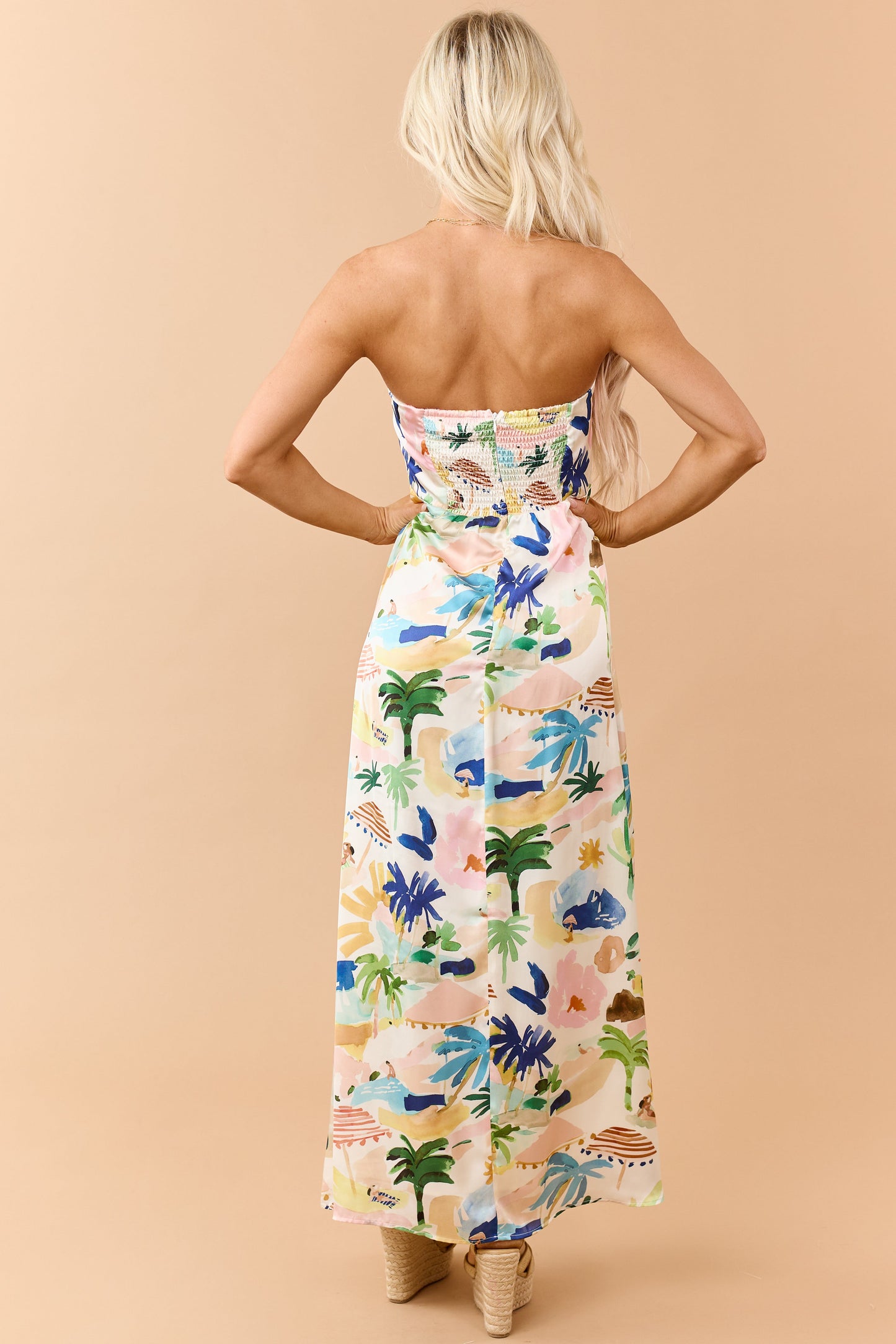 Ivory Satin Vacation Print Strapless Maxi Dress