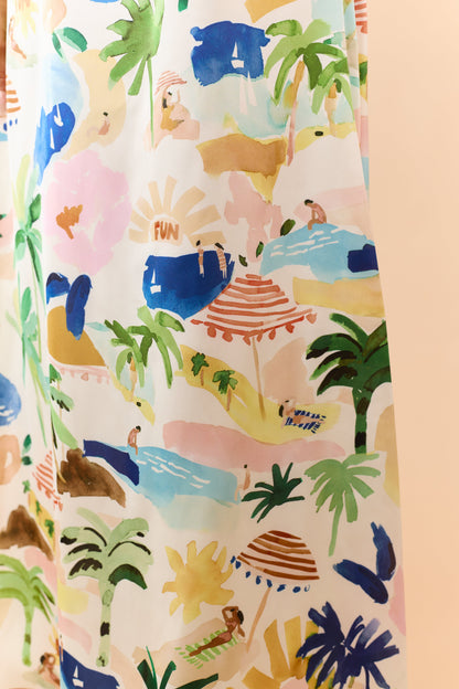Ivory Satin Vacation Print Strapless Maxi Dress