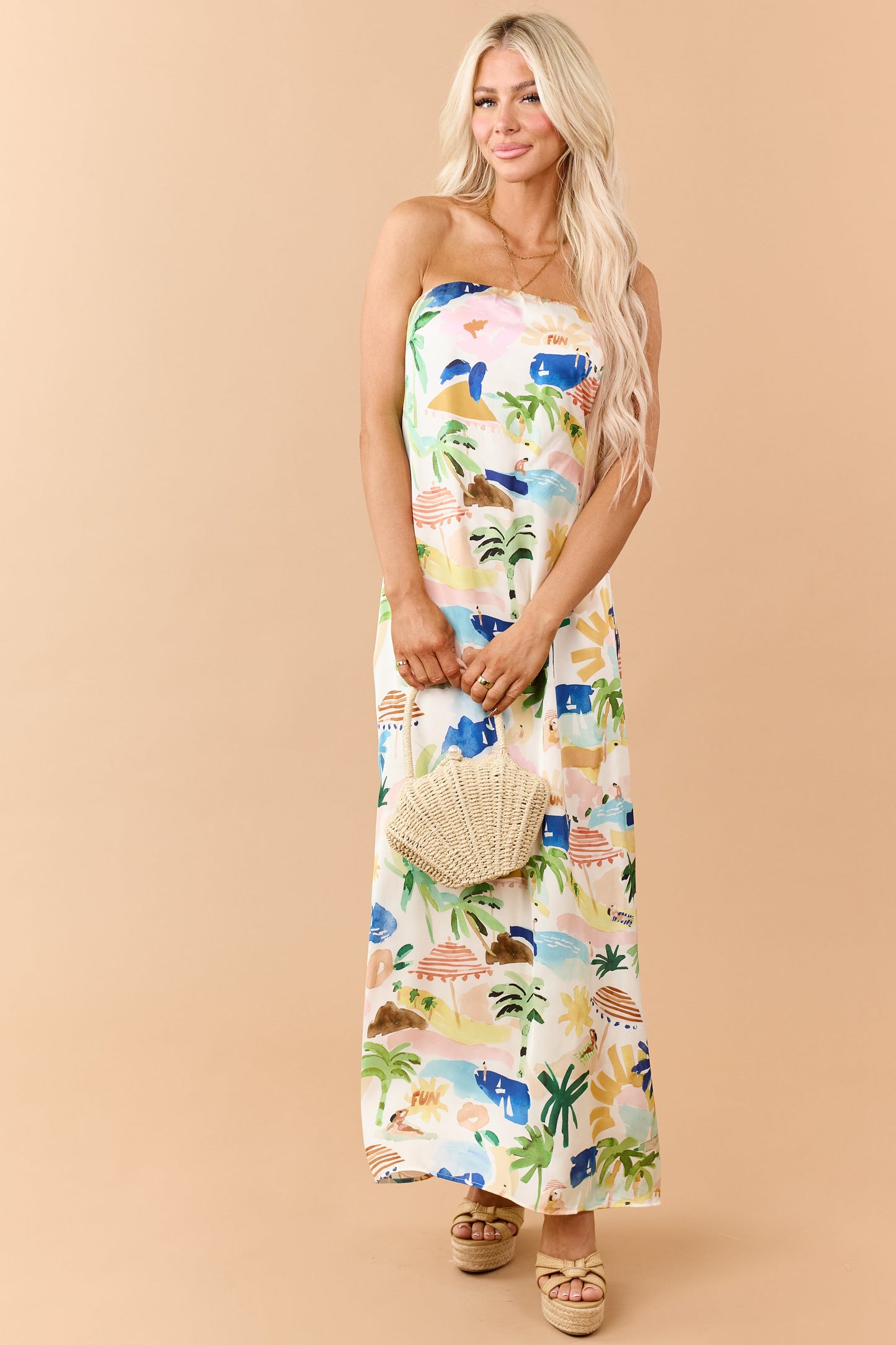 Ivory Satin Vacation Print Strapless Maxi Dress
