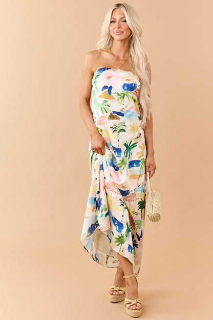 Ivory Satin Vacation Print Strapless Maxi Dress