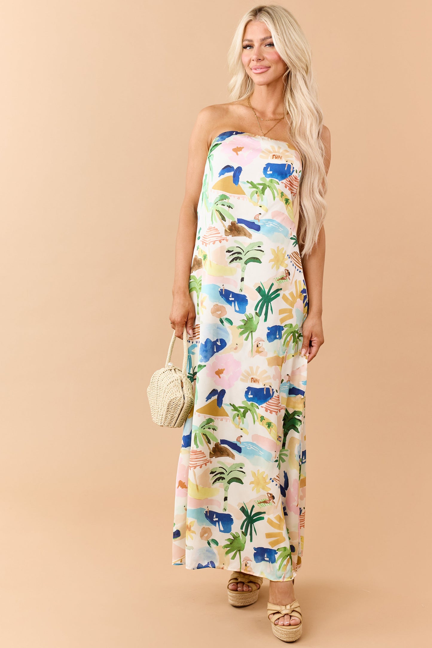 Ivory Satin Vacation Print Strapless Maxi Dress