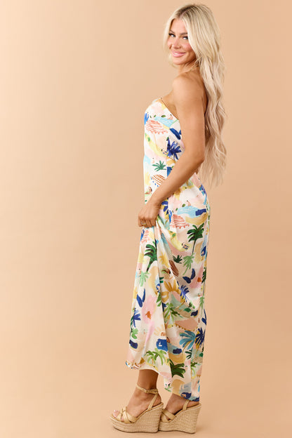 Ivory Satin Vacation Print Strapless Maxi Dress