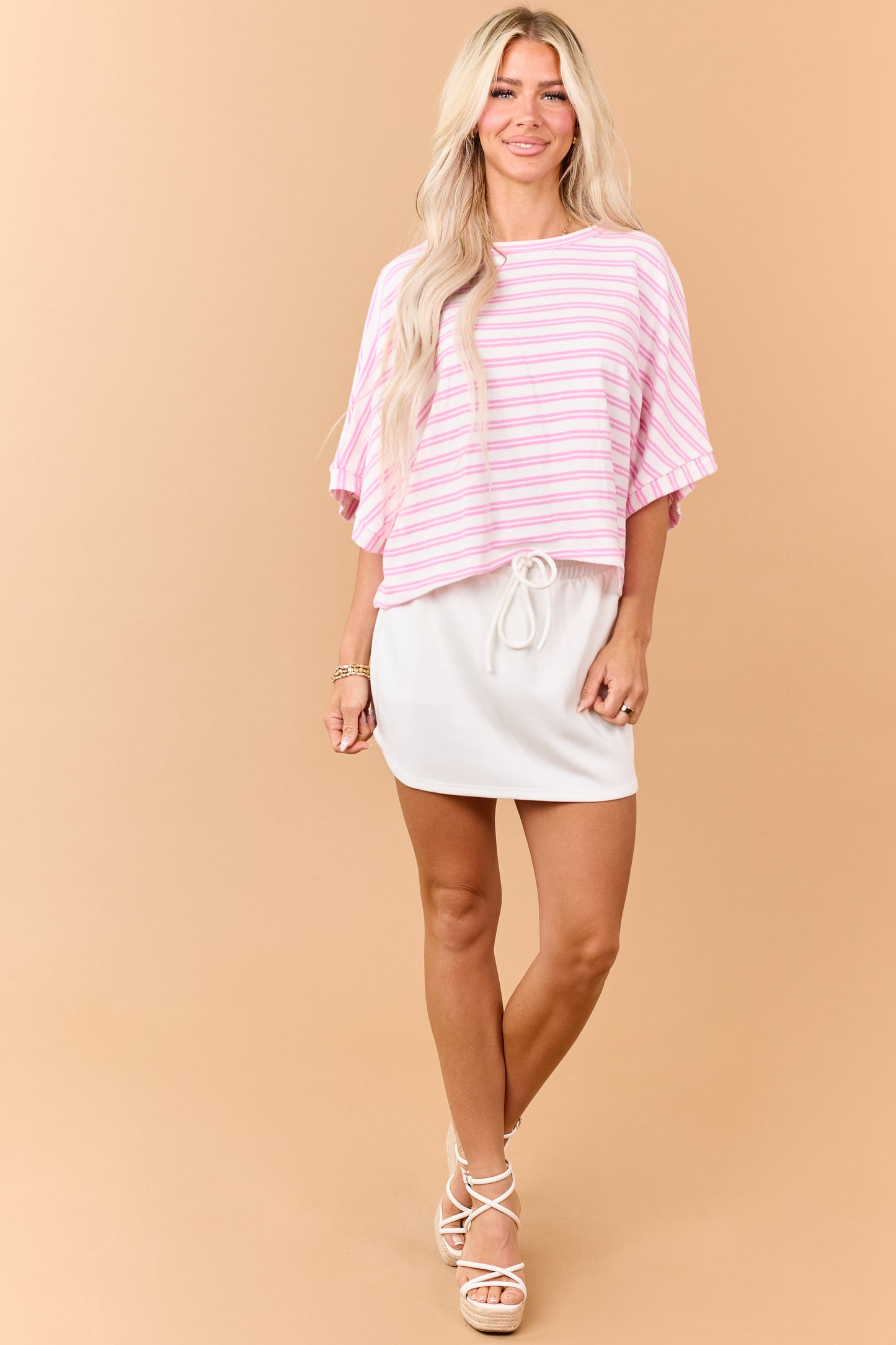 Ivory Soft Knit Drawstring Waist Mini Skort