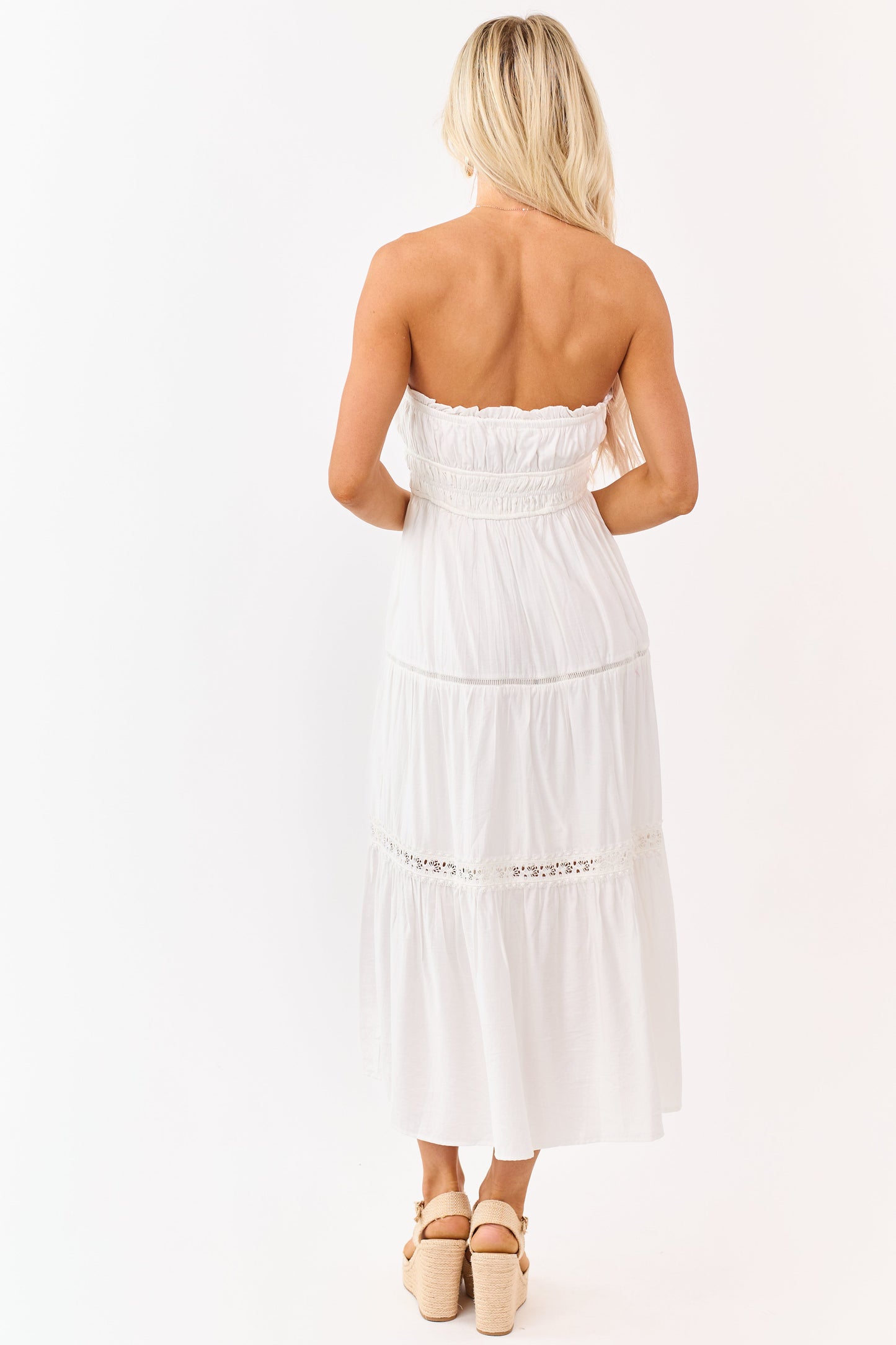 Ivory Strapless Tiered Lace Shirred Waist Midi Dress