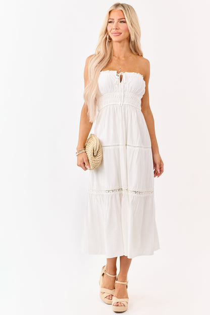 Ivory Strapless Tiered Lace Shirred Waist Midi Dress