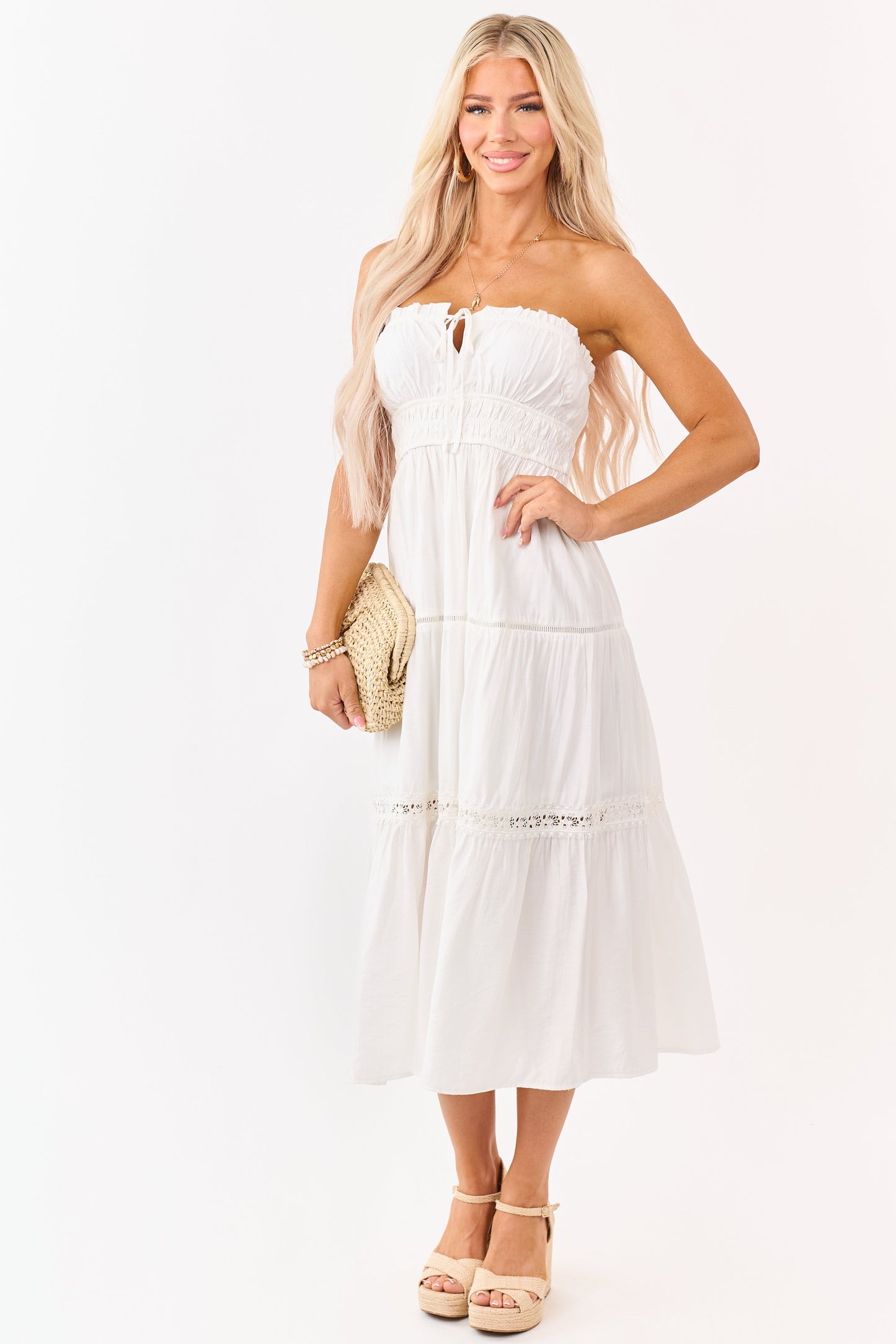 Ivory Strapless Tiered Lace Shirred Waist Midi Dress