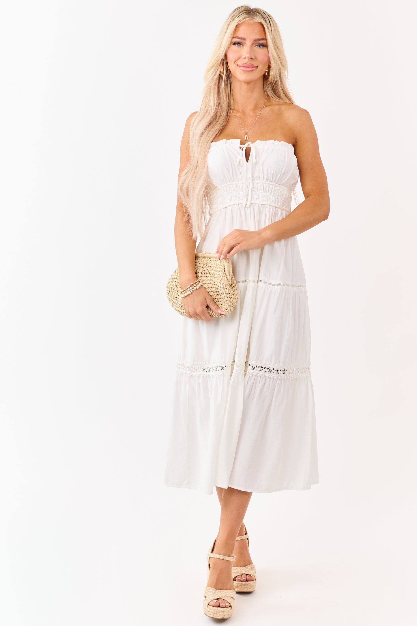 Ivory Strapless Tiered Lace Shirred Waist Midi Dress