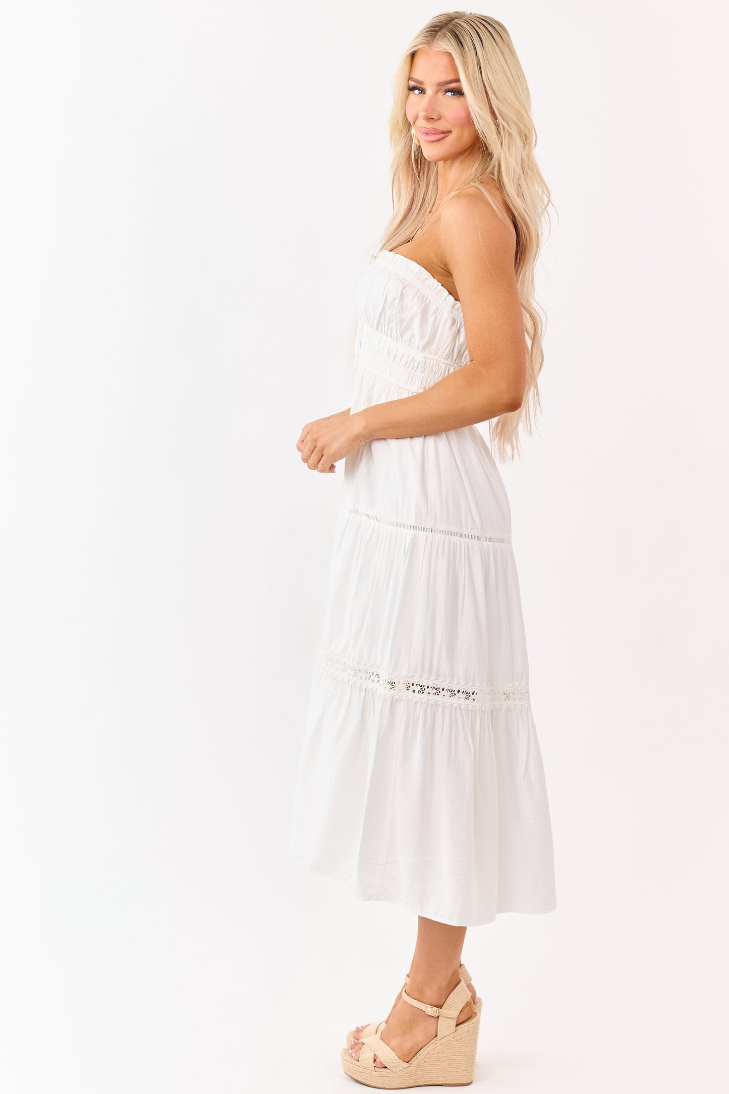 Ivory Strapless Tiered Lace Shirred Waist Midi Dress