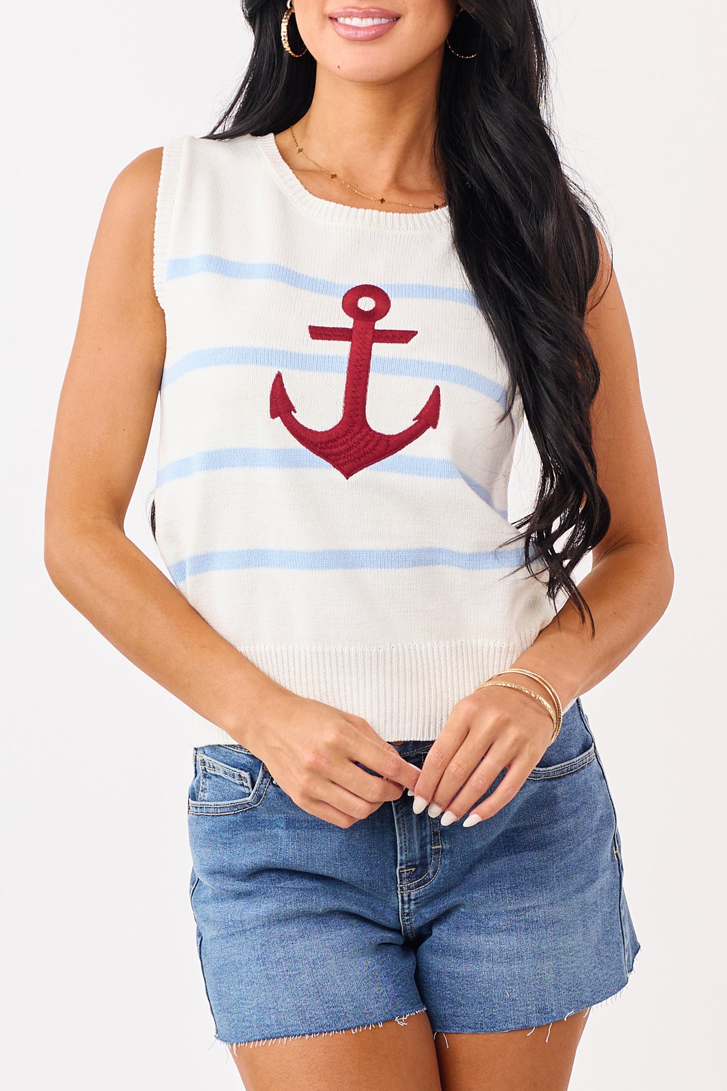 Ivory Striped Anchor Graphic Sweater Tank Top