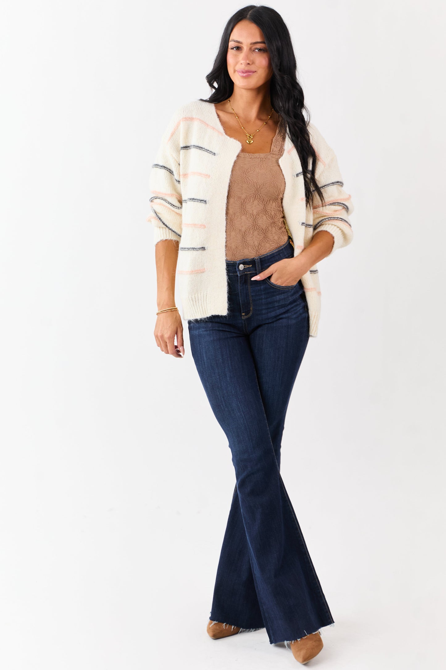 Ivory Striped Fuzzy Wool Blend Open Front Cardigan