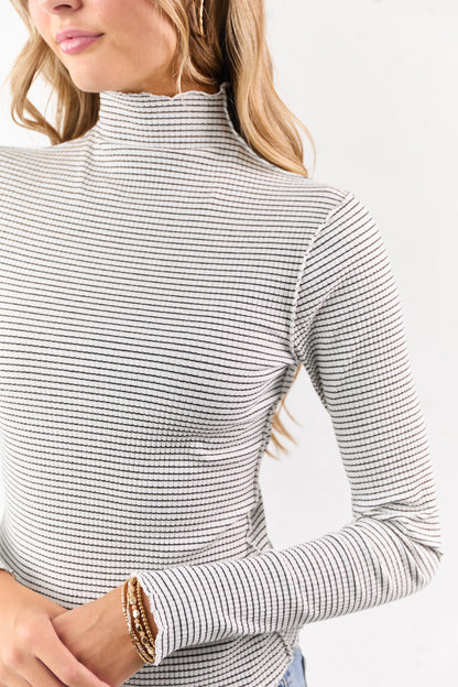 Ivory Striped Ribbed Knit Long Sleeve Mock Neck Top