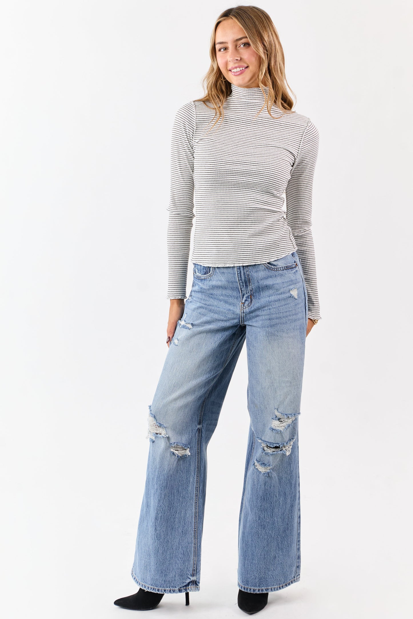Ivory Striped Ribbed Knit Long Sleeve Mock Neck Top