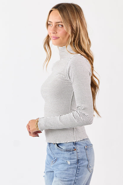 Ivory Striped Ribbed Knit Long Sleeve Mock Neck Top