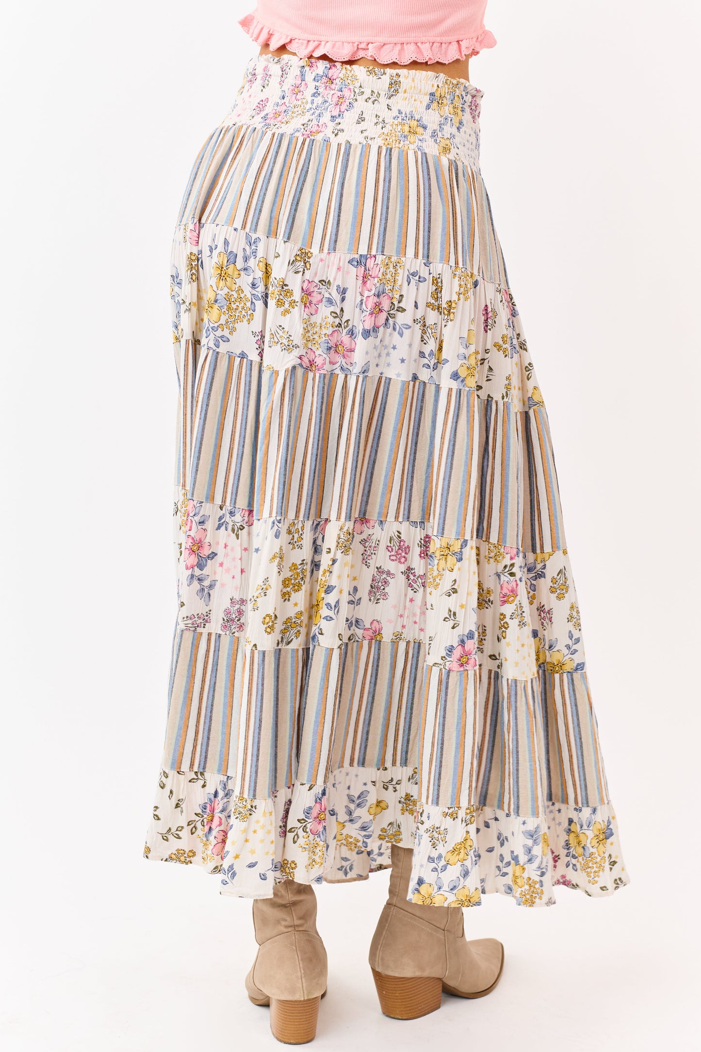 Ivory Striped and Floral Print Tiered Midi Skirt