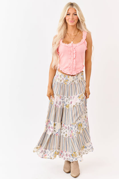 Ivory Striped and Floral Print Tiered Midi Skirt