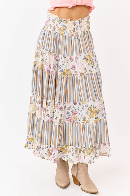 Ivory Striped and Floral Print Tiered Midi Skirt