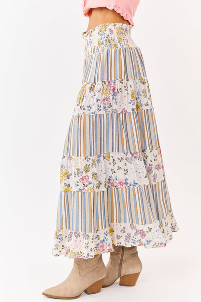Ivory Striped and Floral Print Tiered Midi Skirt