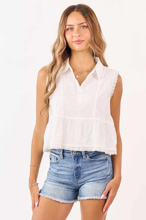 Ivory Swiss Dot Half Button Up Cotton Tank Top
