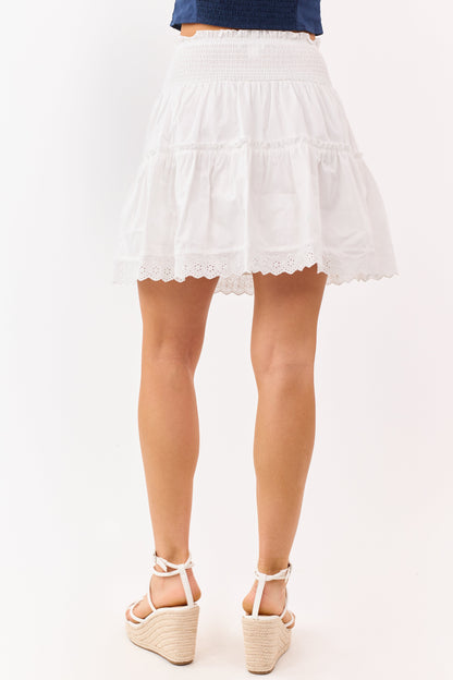Ivory Tiered Cotton Lace Trim Smocked Mini Skirt