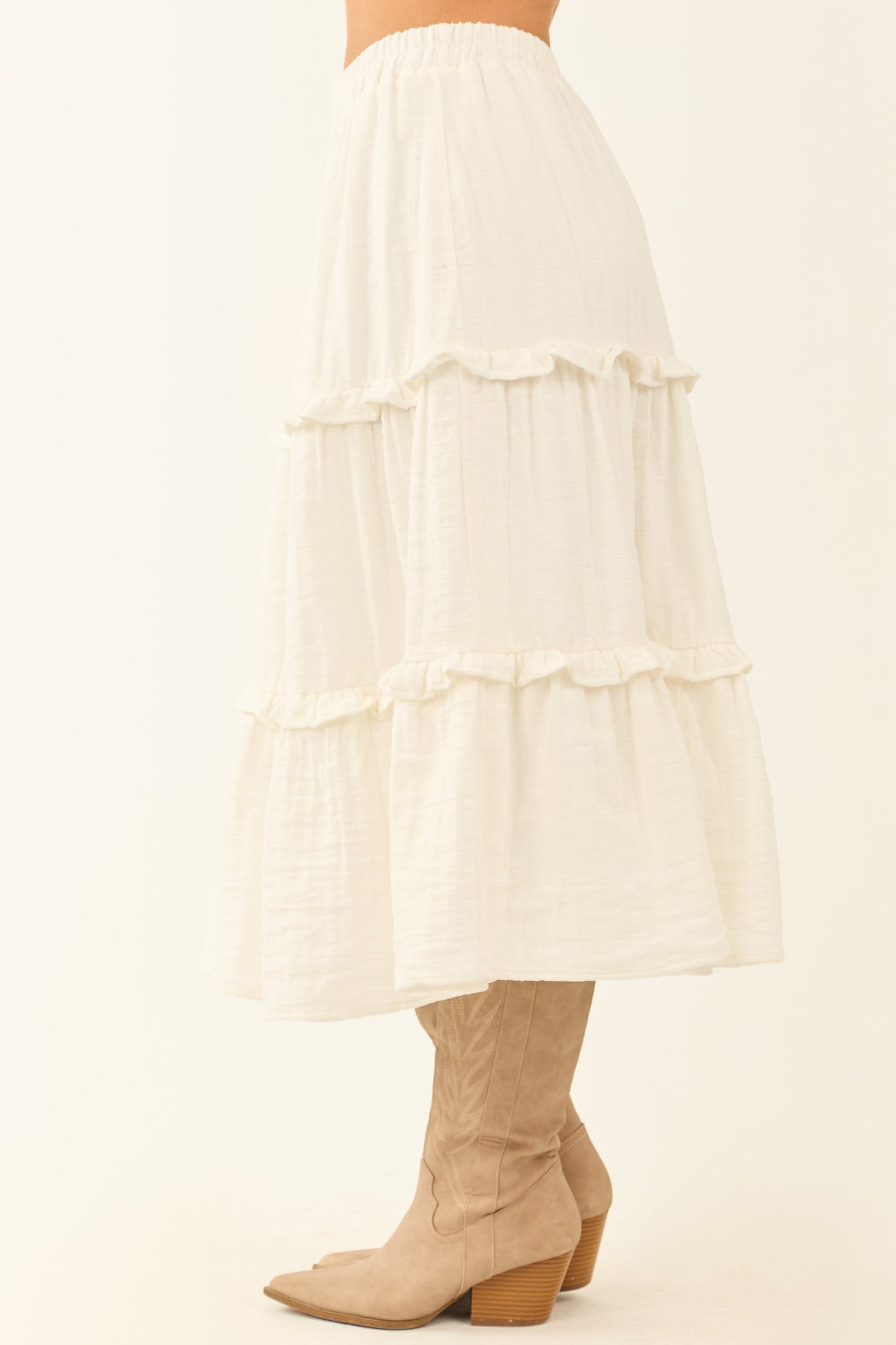 Ivory Tiered Frill Smocked Waist Midi Skirt