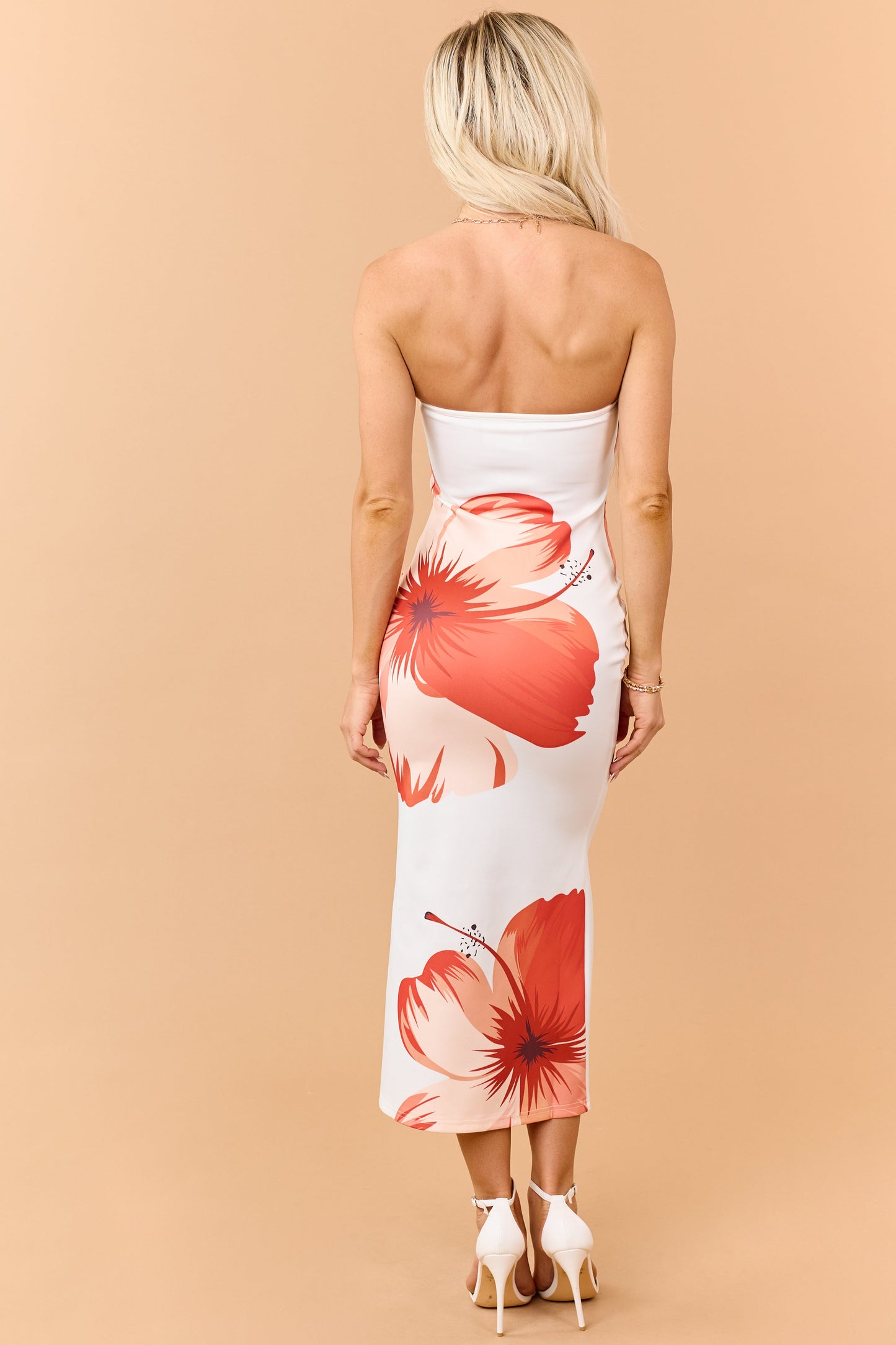 Ivory Tropical Floral Print Strapless Midi Dress