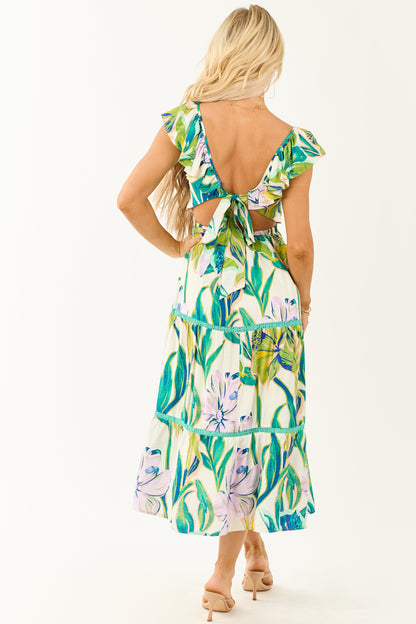 Ivory Tropical Print Smocked Lace Tiered Midi Dress