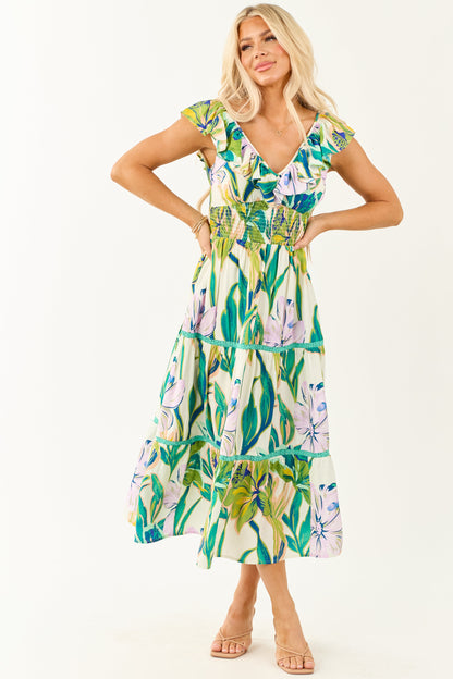 Ivory Tropical Print Smocked Lace Tiered Midi Dress