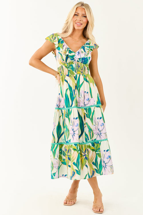 Ivory Tropical Print Smocked Lace Tiered Midi Dress