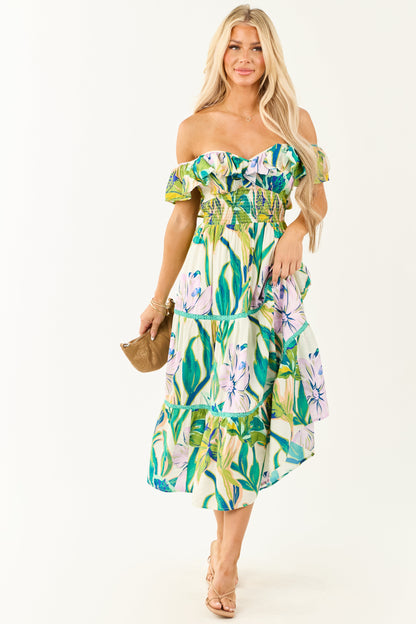 Ivory Tropical Print Smocked Lace Tiered Midi Dress