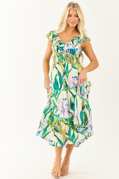 Ivory Tropical Print Smocked Lace Tiered Midi Dress