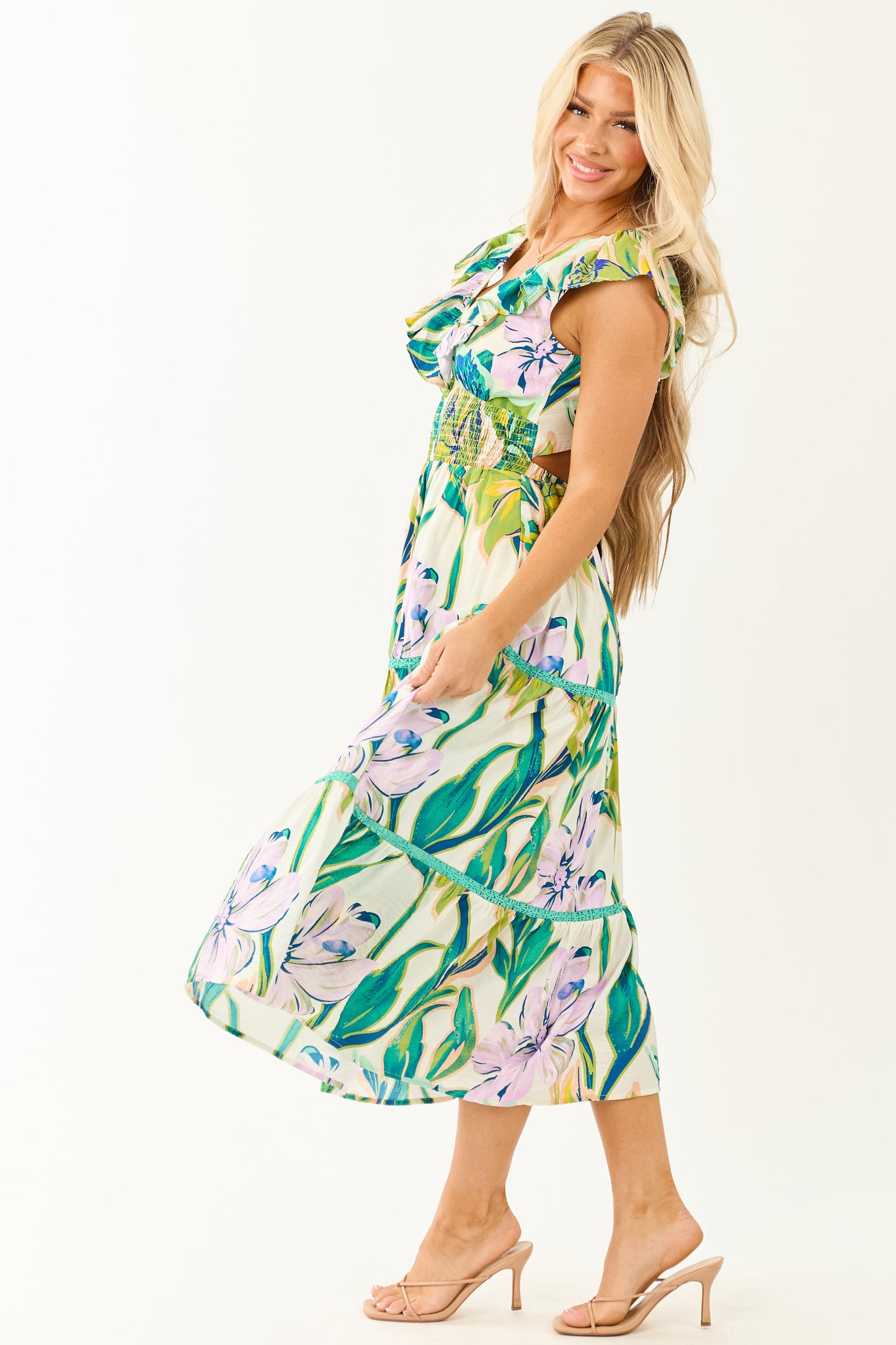 Ivory Tropical Print Smocked Lace Tiered Midi Dress