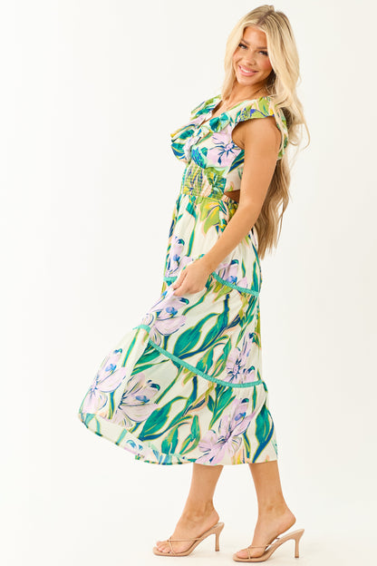 Ivory Tropical Print Smocked Lace Tiered Midi Dress