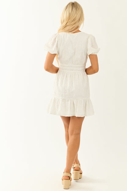 Ivory V Neck Floral Embroidered Mini Dress