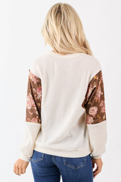 Ivory Waffle Knit Contrast Floral Print Sweater