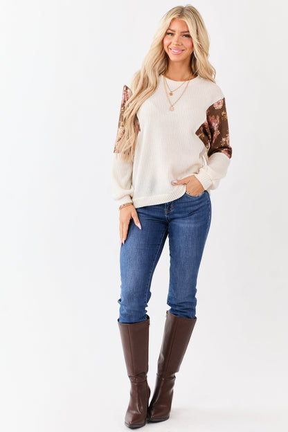 Ivory Waffle Knit Contrast Floral Print Sweater