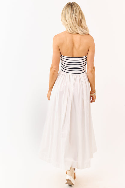 Ivory and Black Striped Strapless Cotton Maxi Dress