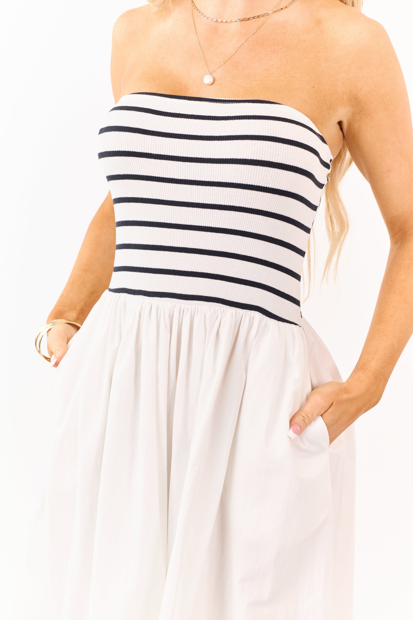 Ivory and Black Striped Strapless Cotton Maxi Dress