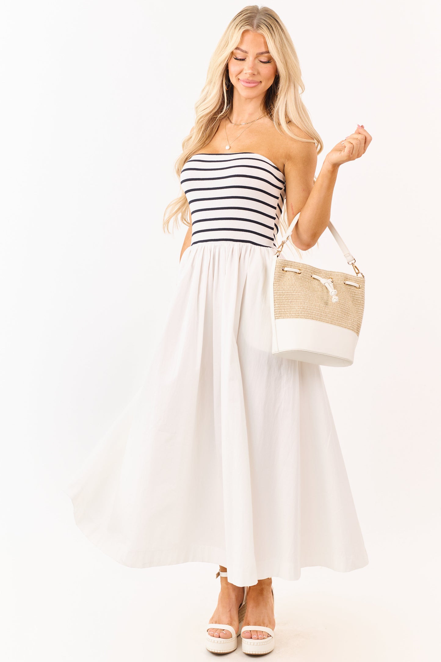 Ivory and Black Striped Strapless Cotton Maxi Dress