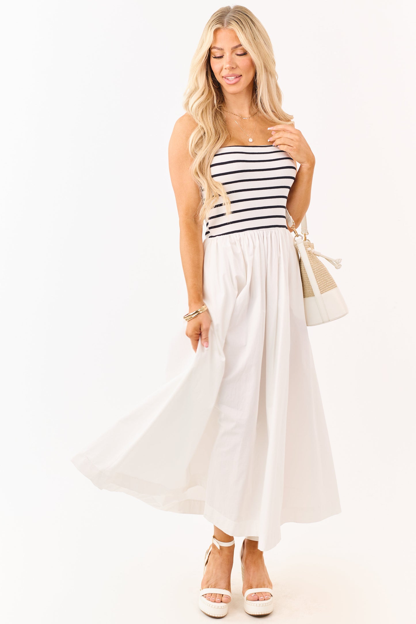 Ivory and Black Striped Strapless Cotton Maxi Dress