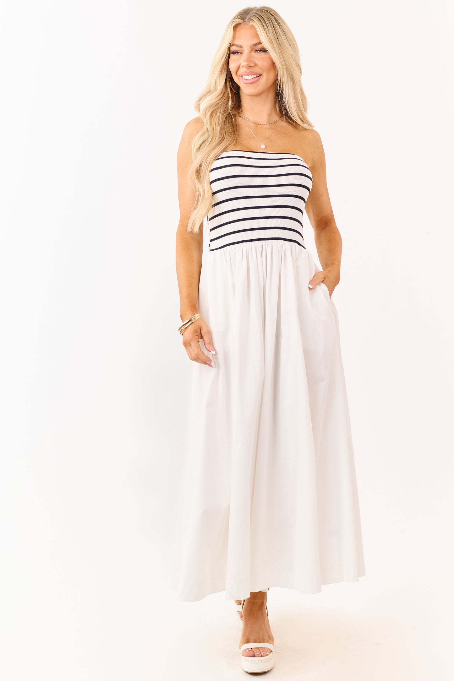 Ivory and Black Striped Strapless Cotton Maxi Dress